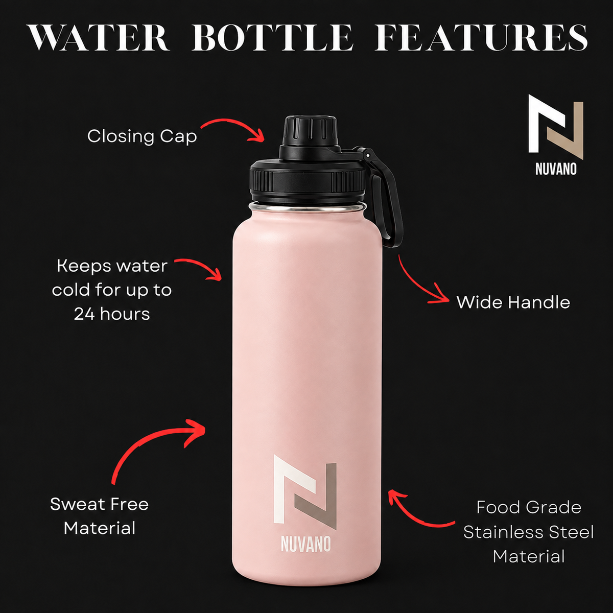 Nuvano Insulated 900ml Stainless Steel Water Bottle