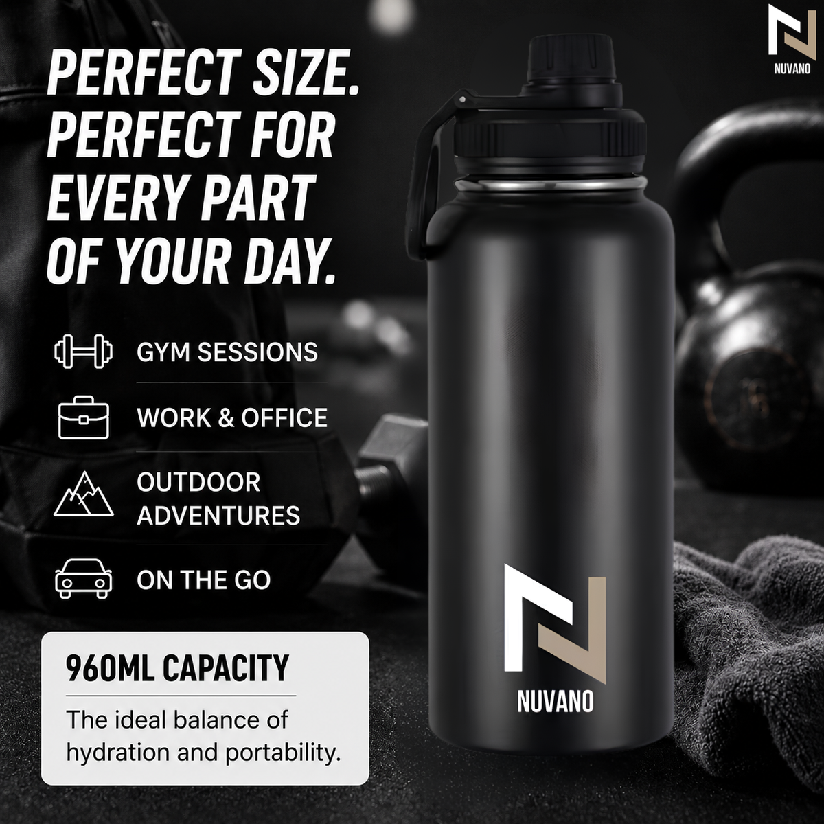 Nuvano Insulated 900ml Stainless Steel Water Bottle